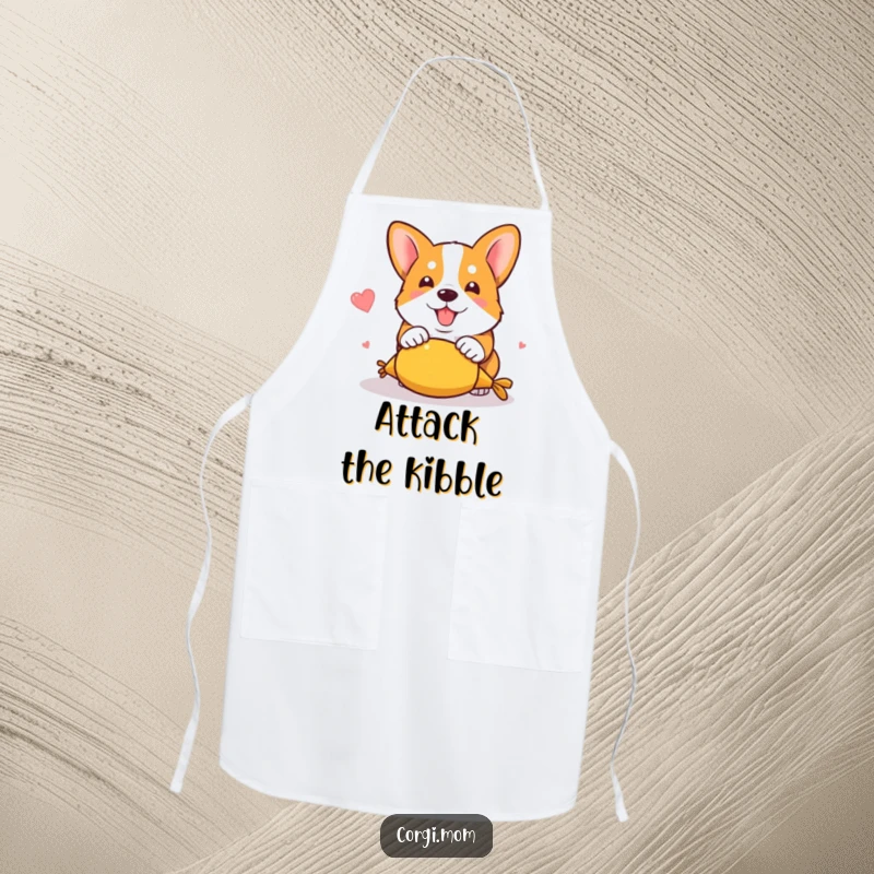 Funny kawaii corgi in a hilarious pouncing motion on a squeaky toy, decorating a functional and humorous kitchen apron.