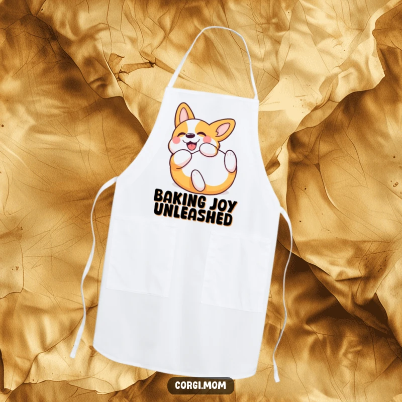 Funny Kawaii Corgi Apron, designed for kitchen fun, showing a Corgi rolling with delight, perfect for cooks. A humorous and protective garment.