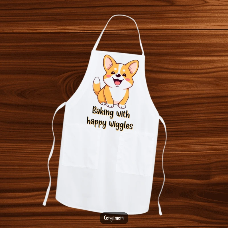 Funny Corgi apron featuring a gleeful Corgi with a wagging stubby tail, adding humor to kitchen duties.
