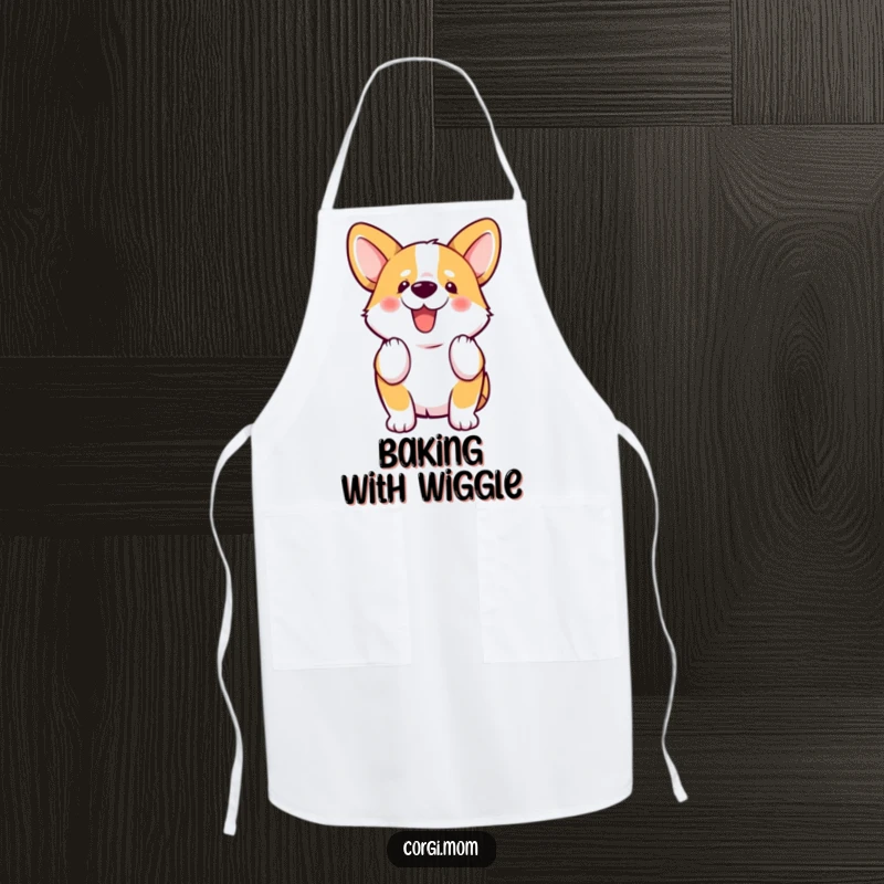 Funny kawaii Corgi wiggles its stubby tail with enthusiasm on this practical and amusing kitchen apron.