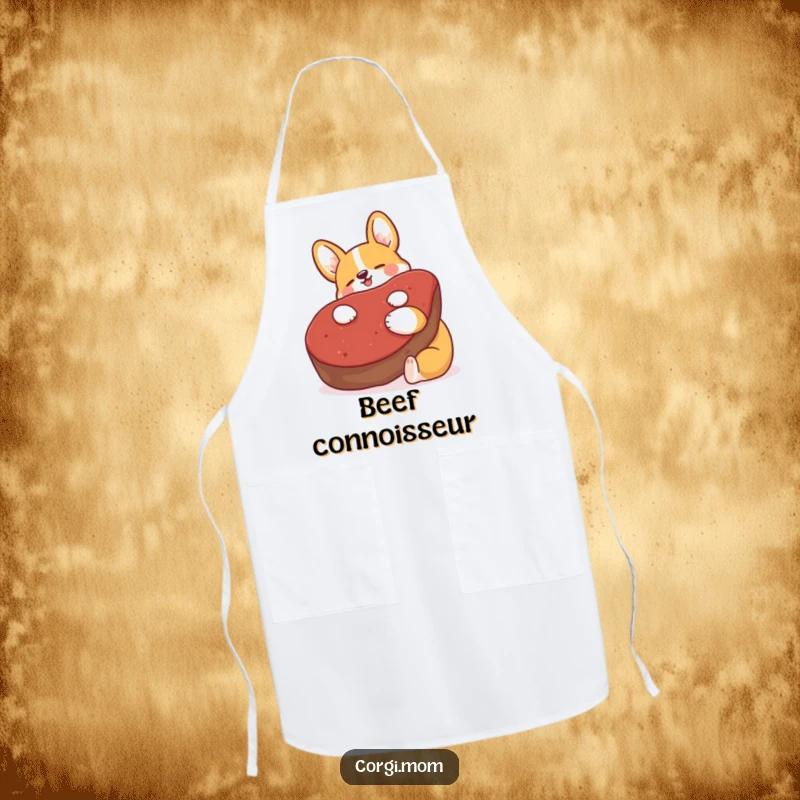 Funny Kawaii Corgi apron, hugging a giant plush steak, perfect humorous kitchen accessory for dog lovers.