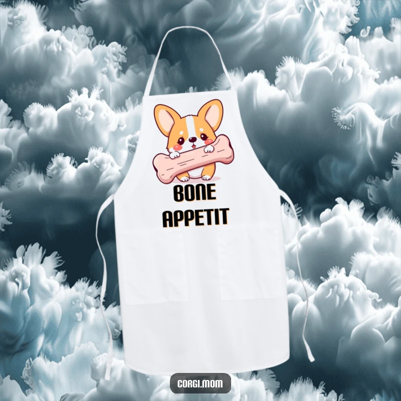 Funny Kawaii Corgi apron, peeking playfully behind a giant bone, ready for kitchen adventures, a humorous accessory for cooks.