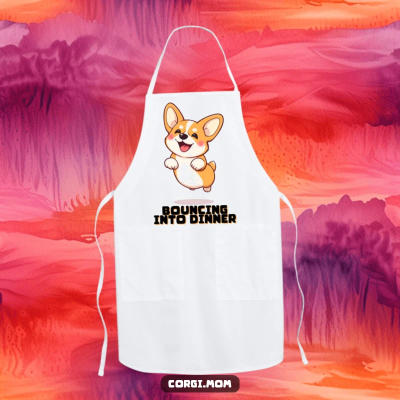 Funny Corgi with large ears mid-air doing a low jump, featured on a fun kitchen apron.
