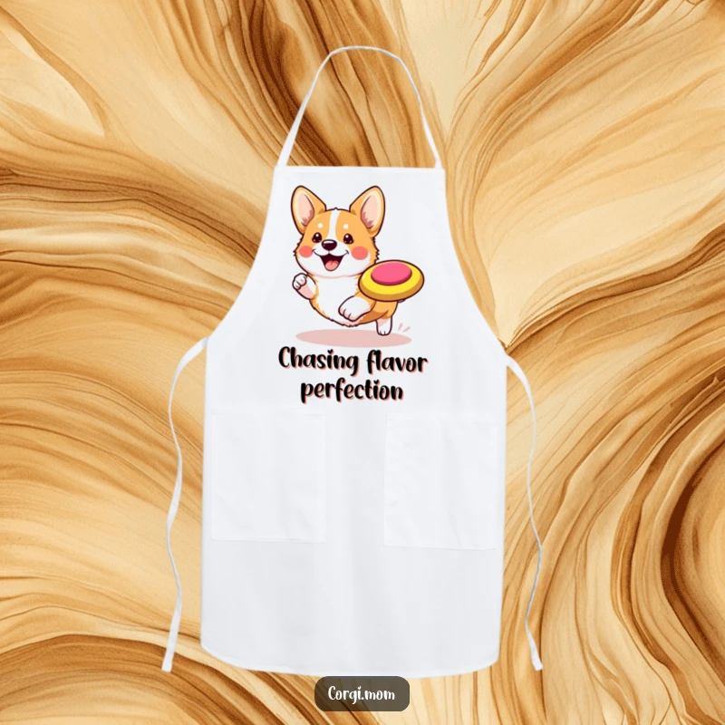 Funny Kawaii Corgi Apron: A kitchen apron featuring a cute Corgi gleefully chasing a frisbee.
