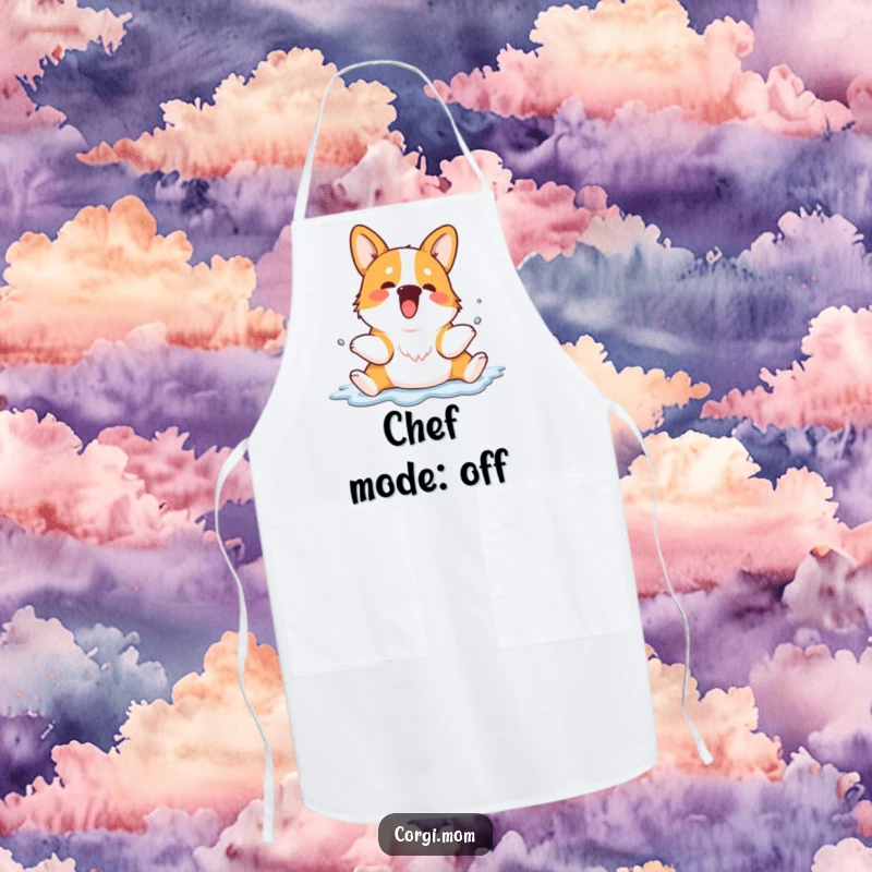 Funny Kawaii Corgi apron depicting a dog in a hilarious sploot position, ideal for kitchen fun and protection.