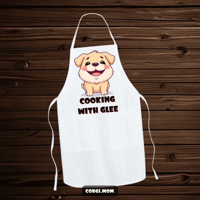 Funny apron featuring a squat dog with a huge, happy grin, perfect for adding cheer to cooking.