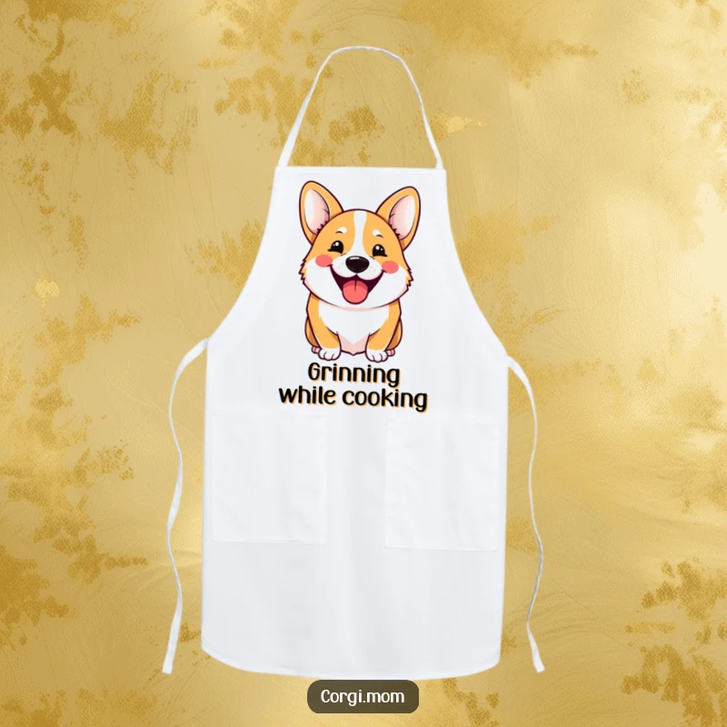 Funny Apron featuring a cheerful Kawaii Corgi with a wide, hilarious grin, ready to add smiles to kitchen tasks.