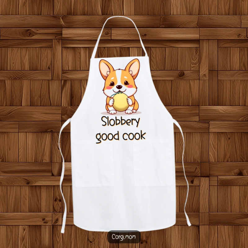 Funny apron showcasing a kawaii corgi with a hopeful look, holding a slobbery ball, ready for kitchen duty.
