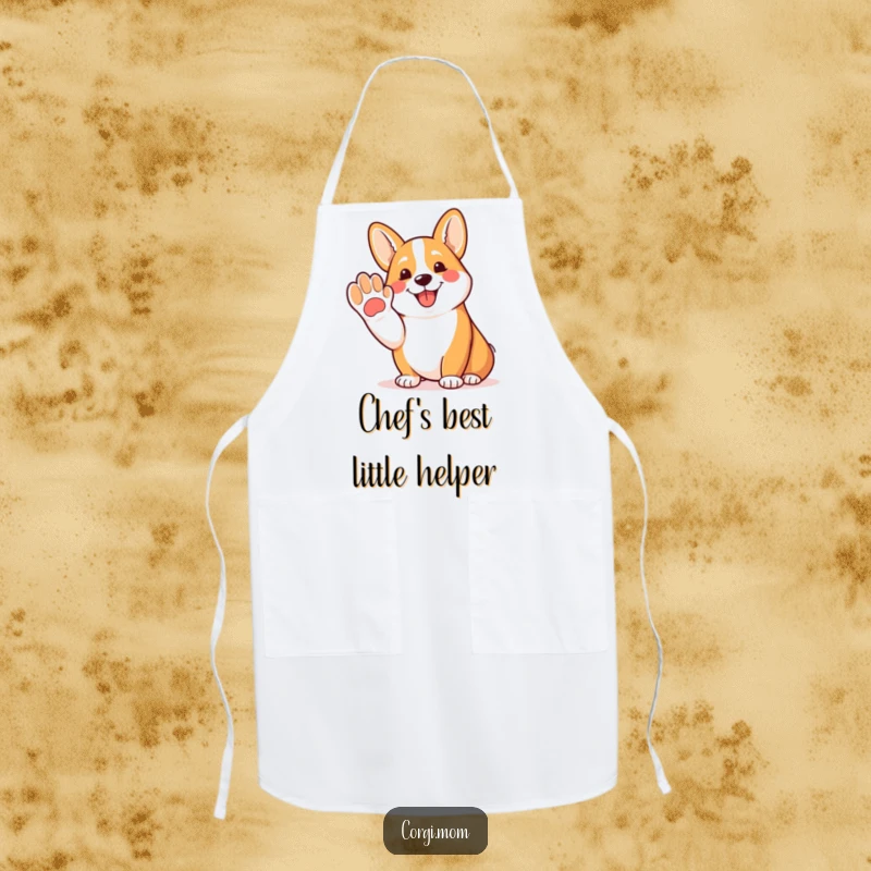 Funny Corgi apron featuring a happy Corgi offering a friendly paw and panting joyfully, perfect for kitchen fun.