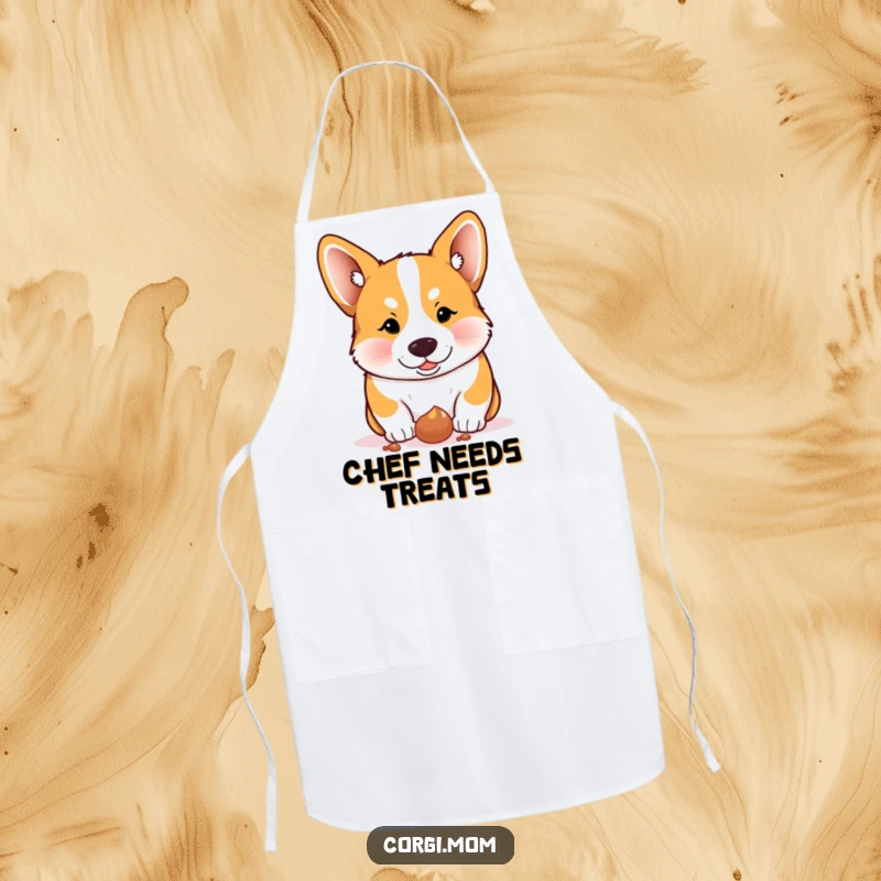 Funny Corgi apron, a Corgi intensely focused on a dropped treat, perfect for kitchen tasks.