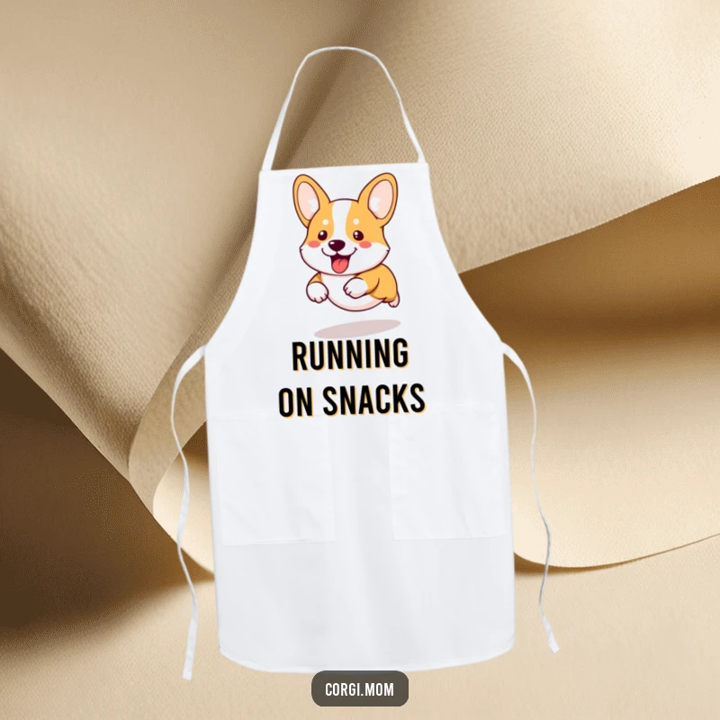 Funny kawaii corgi with comically short legs running across an apron, adding a humorous touch to kitchen wear.