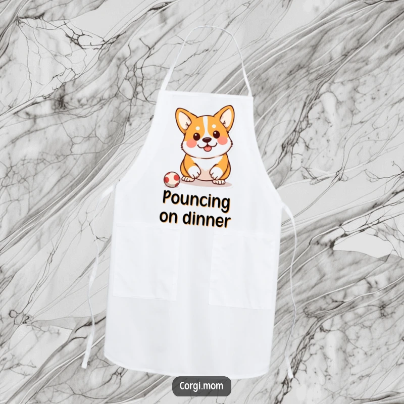 Funny Kawaii Corgi Apron: A kitchen apron showing a cute Corgi in a determined hunting squat.