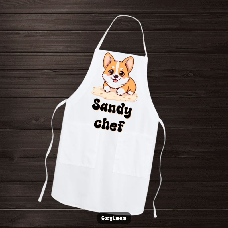 Funny Kawaii Corgi apron, bright happy eyes, playfully digging in soft sand, bringing humorous beach vibes to cooking.