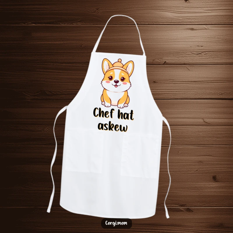 Funny Kawaii Corgi apron, comical expression, hat tilted askew, bringing humorous style to kitchen adventures.