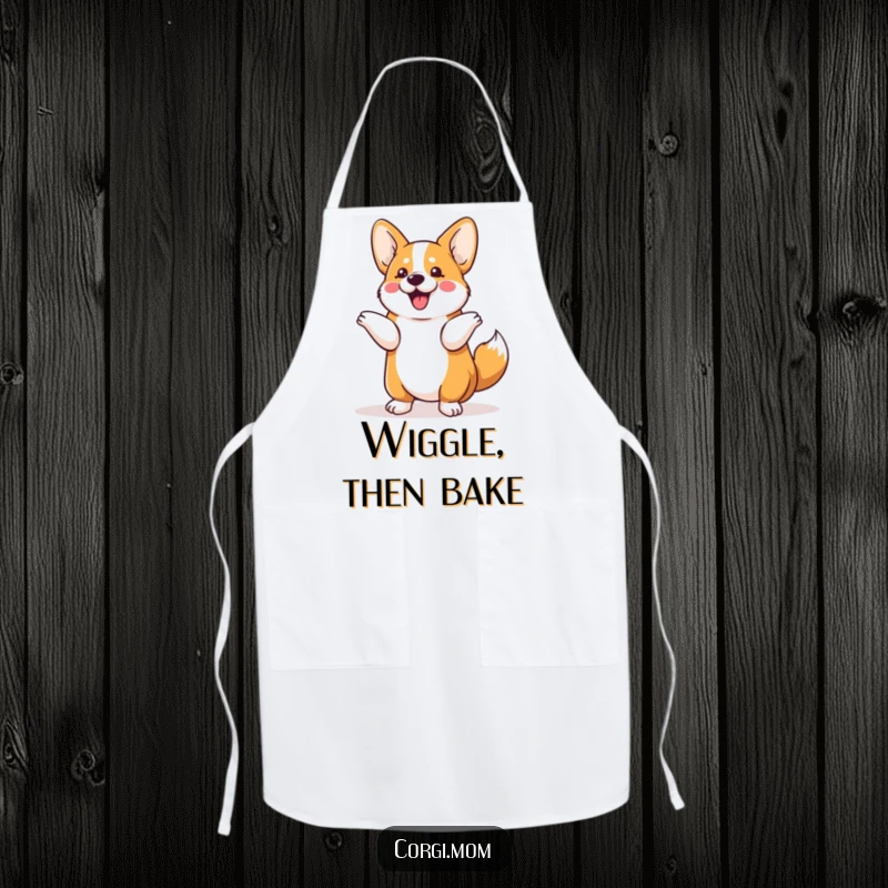Funny Kawaii Corgi apron featuring a dog performing a cute tail shimmy, ideal for cooks who enjoy humor and adorable pet designs.