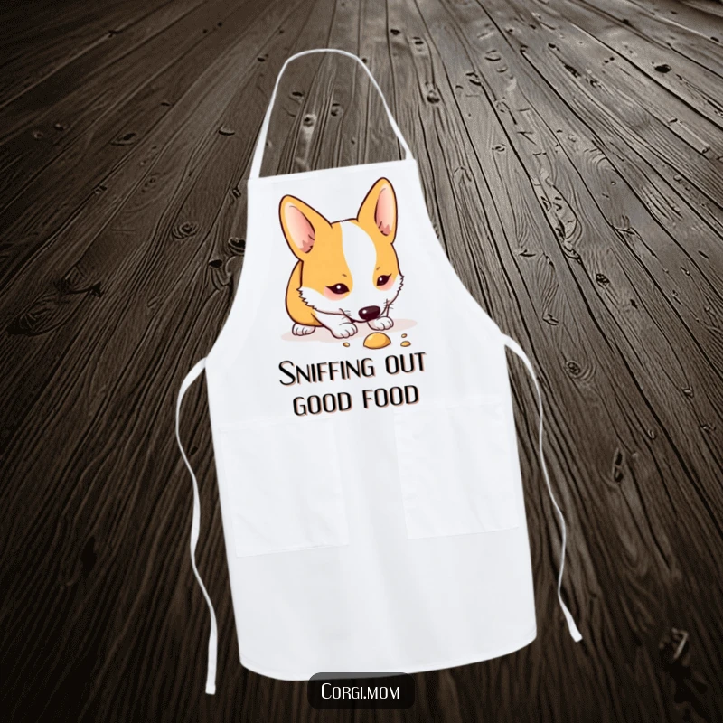Funny Kawaii Corgi apron featuring a cute dog sniffing the ground, designed for cooks who enjoy humor and adorable pet-themed kitchenware.