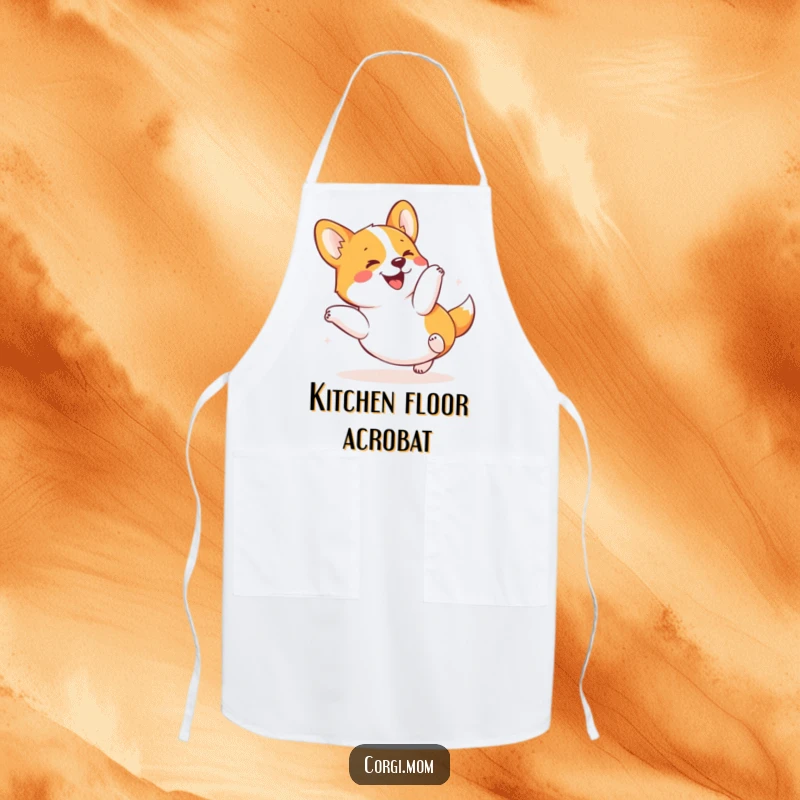 Funny Kawaii Corgi Apron depicting a dog in a joyful tumble, adding humor and style to kitchen activities.