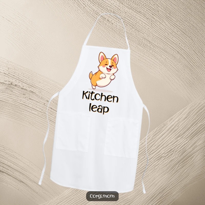 Funny Kawaii Corgi apron, showing a happy squatting leap with stubby legs, inspiring fun and energy in the kitchen.