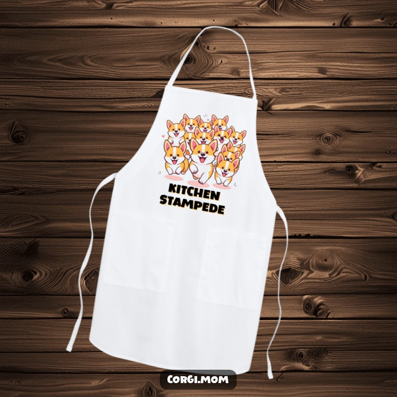Funny Kawaii Corgi apron depicting a happy, chaotic pack of dogs running together, perfect for kitchen adventures.