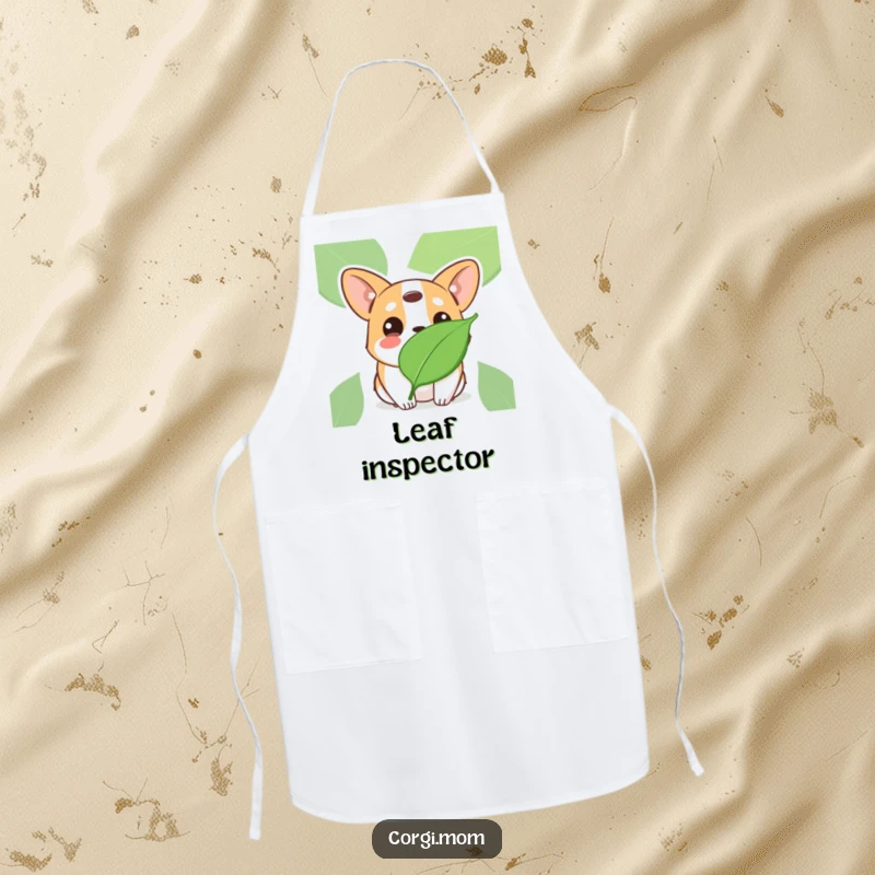 Funny Kawaii Corgi apron, tilting head with innocent eyes at a floating leaf, humorous and practical kitchen wear.