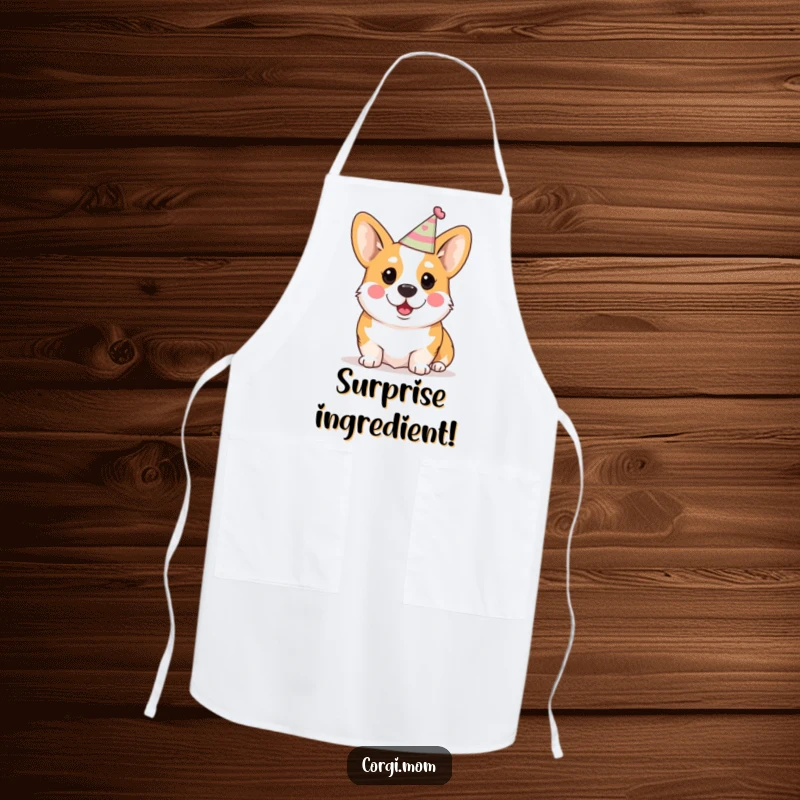 Funny Kawaii Corgi Apron: A kitchen apron featuring a cute Corgi in a party hat looking surprised.