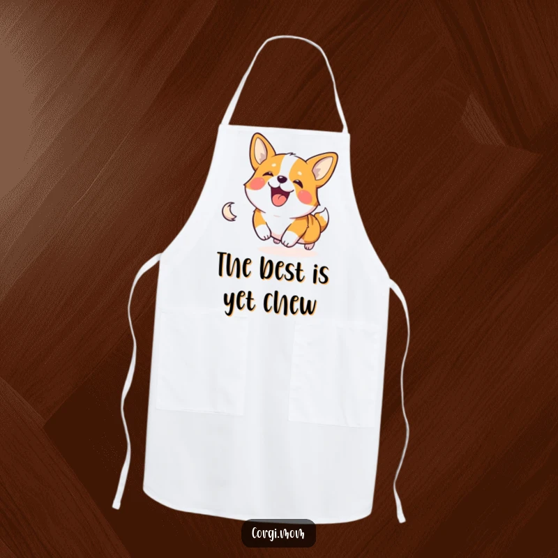Funny and happy Corgi character spinning in circles, chasing its tail, featured on a fun kitchen apron.