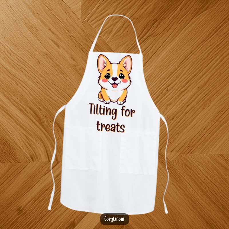 Funny apron showcasing a kawaii corgi with a comical, happy head tilt, adding a touch of adorable humor to cooking.