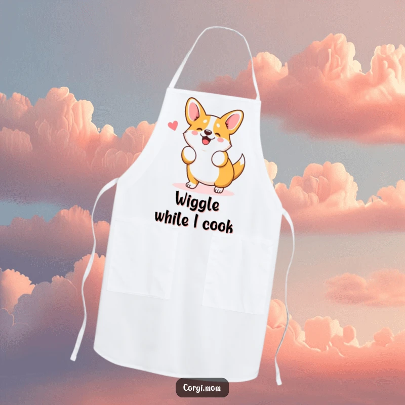 Funny Kawaii Corgi Apron depicting a cute Corgi dog doing a silly wiggle dance, perfect for humorous kitchen protection.