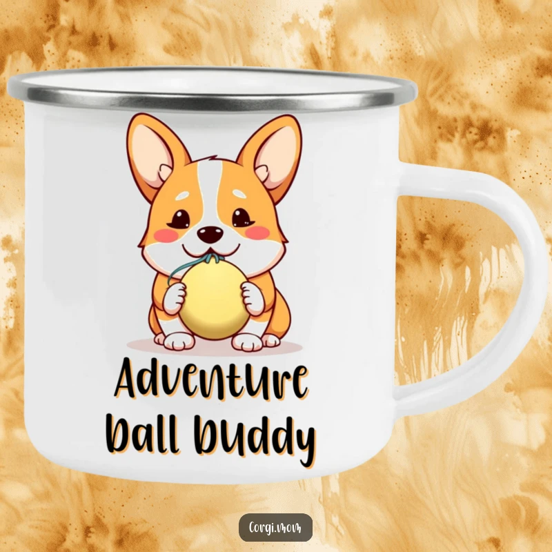 Funny camping mug featuring a kawaii corgi with a hopeful smile, offering a slobbery ball for outdoor fun.
