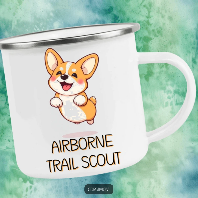 Funny Corgi with large ears mid-low jump, in a durable camping mug, ready for fun.