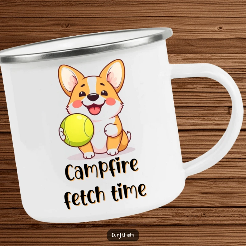 Funny Kawaii Corgi Camping Mug showing a dog with a grin and tennis ball, perfect for outdoor enthusiasts who love humor and play.