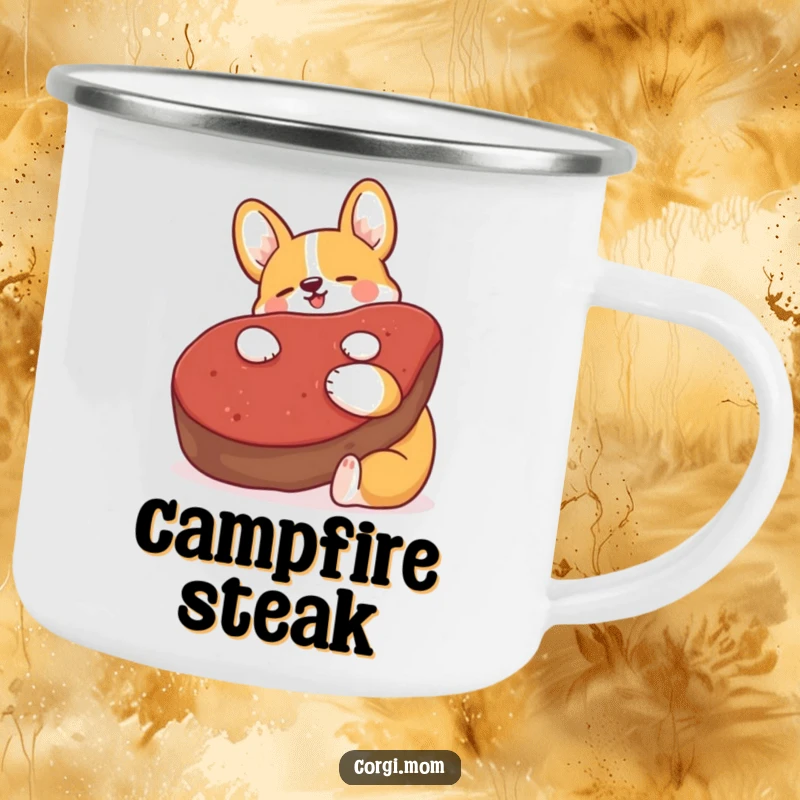 Funny Kawaii Corgi camping mug, hugging a large plush steak, durable and humorous for outdoor trips.