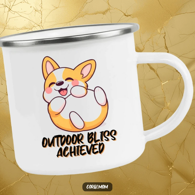 Funny Kawaii Corgi Camping Mug, built tough for adventures, features a happy Corgi rolling, perfect for hikers. A humorous and rugged drinkware.