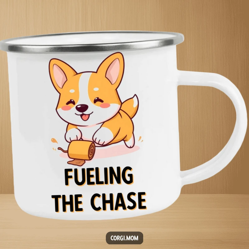 Funny Kawaii Corgi camping mug, stubby legs chasing a rolling treat, durable and humorous for outdoor adventures.