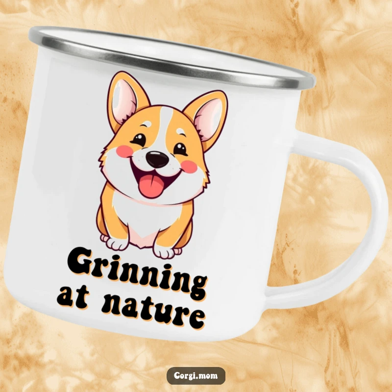 Funny Camping Mug showing a cheerful Kawaii Corgi with a massive, hilarious grin, ideal for outdoor trips and spreading smiles.