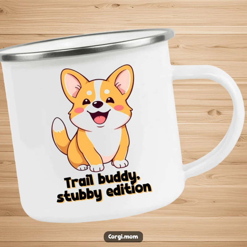 Funny Corgi camping mug with a gleeful Corgi and a wagging stubby tail, ready for outdoor fun.
