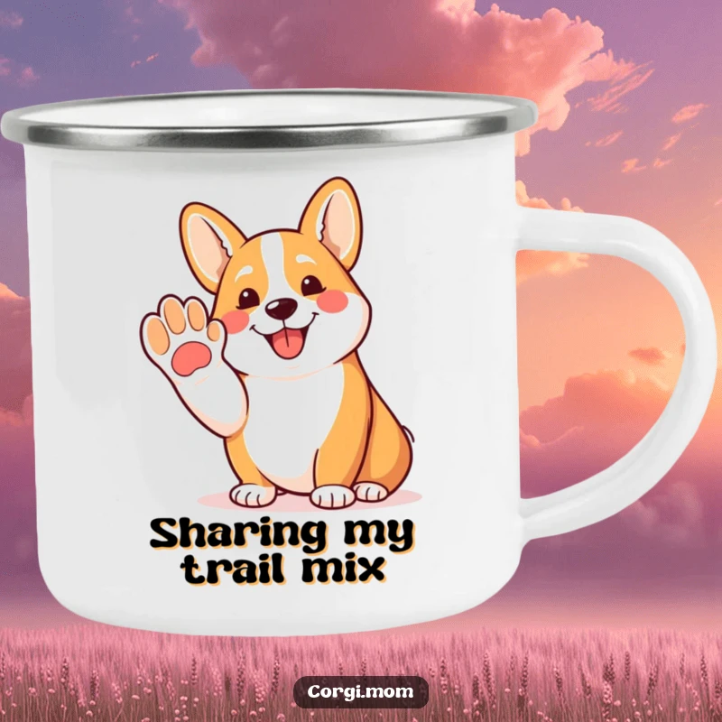 Funny Corgi camping mug with a happy Corgi offering a friendly paw and panting, ready for outdoor adventures.