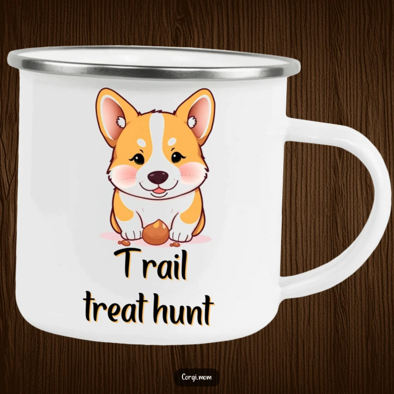 Funny Corgi camping mug, a Corgi intensely focused on a dropped treat, perfect for outdoor adventures.