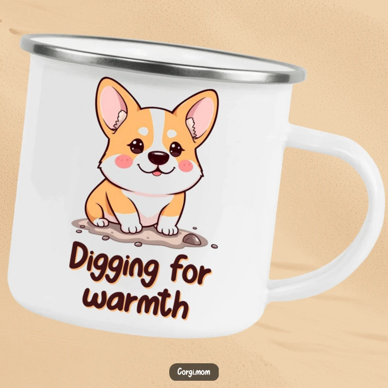 Funny Camping Mug showing a determined Kawaii Corgi humorously digging, ideal for outdoor trips and adding grit to any campsite.