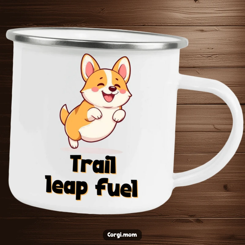 Funny Kawaii Corgi camping mug, mid-leap with stubby legs, radiating happiness, perfect for coffee or tea on the go.