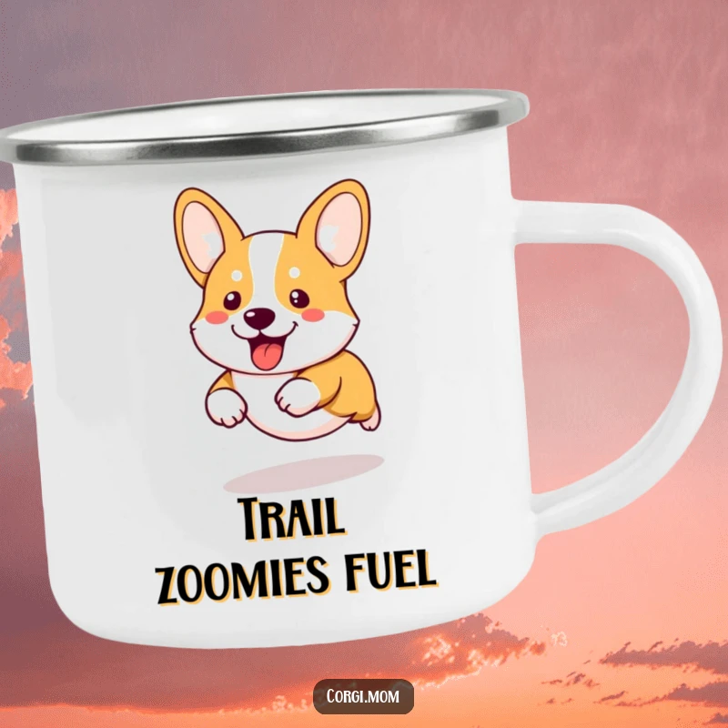 Funny kawaii corgi with comically short legs running wild on a durable camping mug, ideal for outdoor adventures.