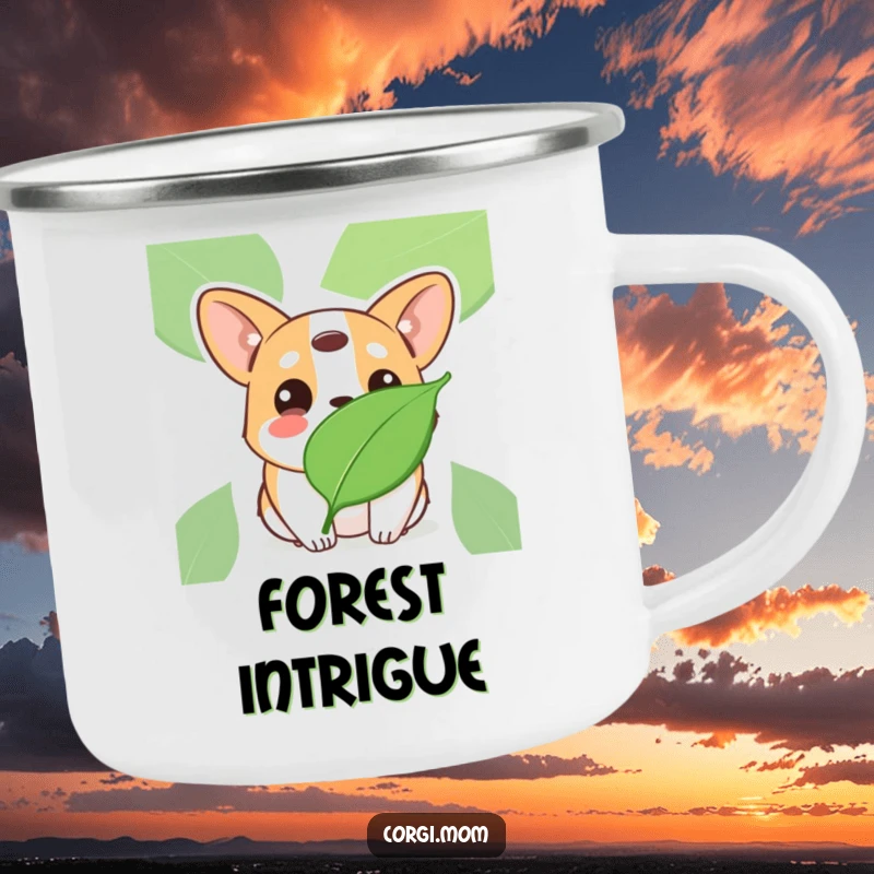 Funny Kawaii Corgi camping mug, tilting head with innocent eyes at a floating leaf, humorous for adventures.