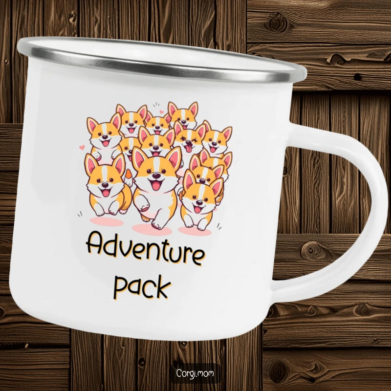 Funny Kawaii Corgi camping mug showing a chaotic pack of dogs running, perfect for outdoor adventures and laughs.
