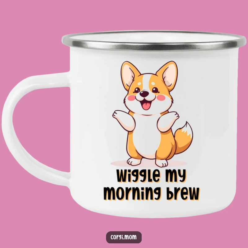 Your perfect outdoor companion! Sip your favorite beverage from this durable camping mug featuring a Kawaii Corgi doing a hilarious tail shimmy.