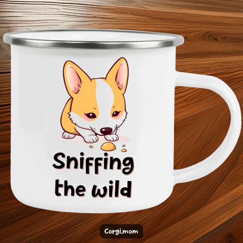 Funny Kawaii Corgi camping mug with a cute dog intently sniffing the ground, adding humor and curiosity to outdoor adventures.