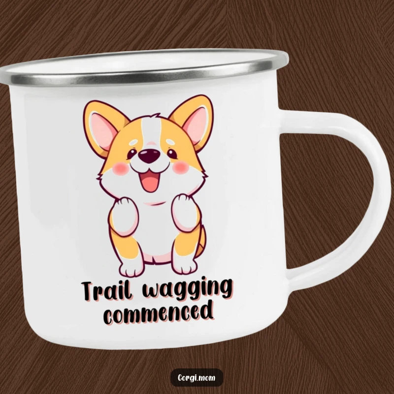 Funny kawaii Corgi enthusiastically wiggles its stubby tail on this rugged camping mug, perfect for on-the-go enjoyment.