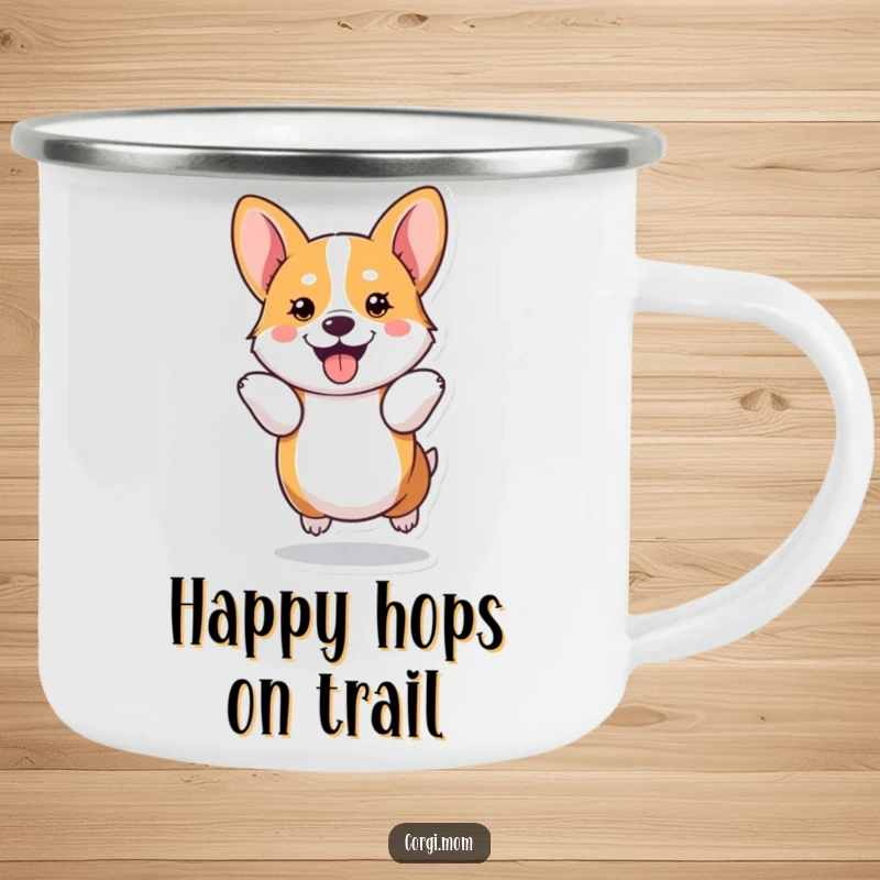 Funny kawaii Corgi performs a joyful hop using its short legs on this rugged camping mug, perfect for on-the-go enjoyment.