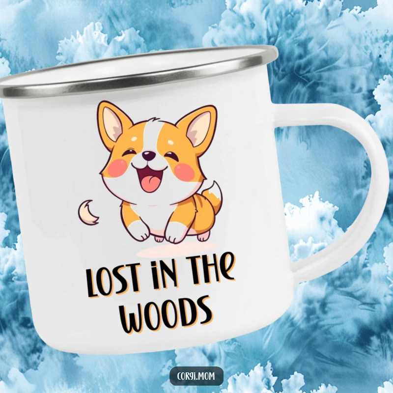 Funny and happy Corgi character spinning, chasing its tail, in a durable camping mug.