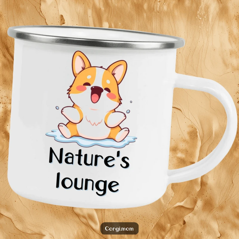 Funny Kawaii Corgi camping mug featuring a dog in a relaxed sploot, perfect for outdoor adventures and laughs.
