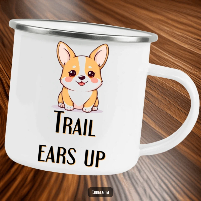 Funny Kawaii Corgi Camping Mug, featuring an alert and happy corgi, perfect for hot or cold drinks on the go, durable and fun.